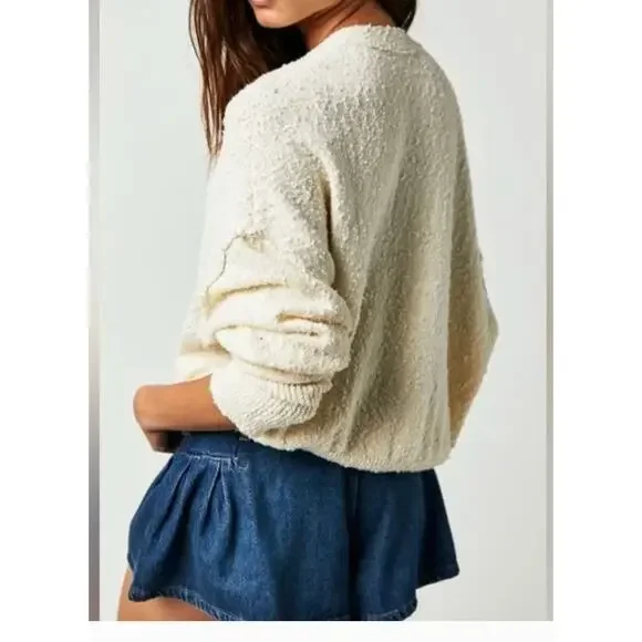 Free People Found My Friend Cardigan Sweater Ivory Boucle Medium - Picture 3 of 6